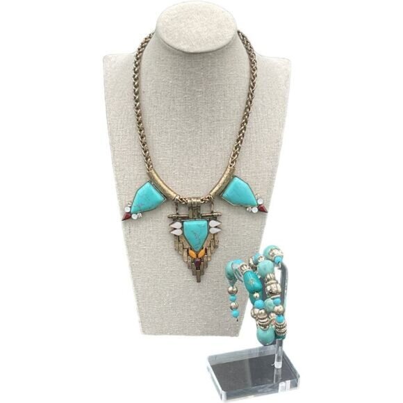 Azteca Native Necklace Gold Silver Tone Turquoise Cabochon Wire Wrap Bracelet - Picture 1 of 6